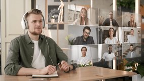 Future is now. Man discussing project online. Group video call. Remote communication happy multiracial young people. Working modern home office technology augmented reality. Business chat conference