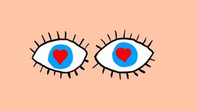 Ogle, eyes in love. Blue cartoon eyes with hearts inside. Frame by frame animation.
