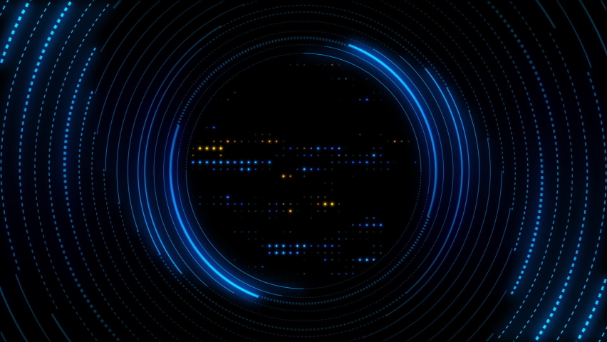 Abstract technology background with rotating blue glowing neon circles with dashed lines and flashing amber and blue data lights. Full HD and a seamless loop. | Shutterstock HD Video #1070115919