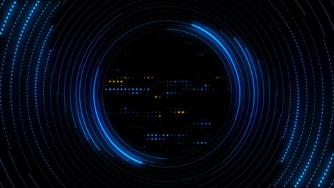 Abstract technology background with rotating blue glowing neon circles with dashed lines and flashing amber and blue data lights. Full HD and a seamless loop.