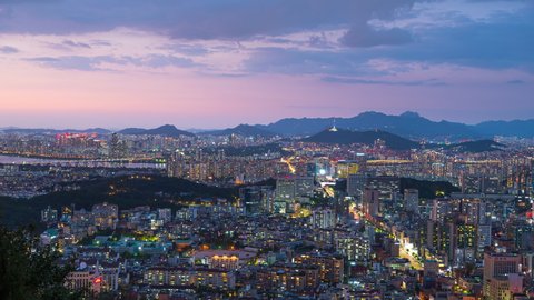 Day to night,Zoom out,Time lapse Landscape of Seoul city South Korea. And The beautiful sunset sky
