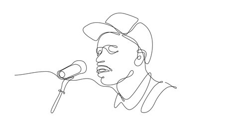 Closeup 4K and HD video A microphone face singer. Rap music concept. Made in continuous line, black line on a white background.