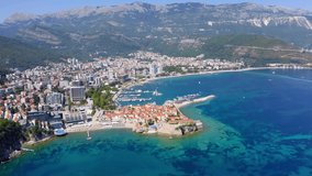 Budva, Montenegro. Drone videos. View of the Church of St. Ivan and the old town. Adriatic coast.
