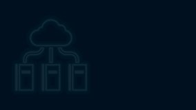 Glowing neon line Cloud or online library icon isolated on black background. Internet education or distance training. 4K Video motion graphic animation.