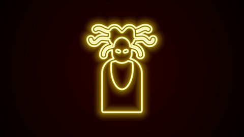 Glowing neon line Medusa Gorgon head with snakes greek icon isolated on black background. 4K Video motion graphic animation.