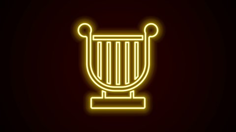 Glowing neon line Ancient Greek lyre icon isolated on black background. Classical music instrument, orhestra string acoustic element. 4K Video motion graphic animation.