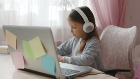 Schoolgirl Girl Studies Online On Laptop At Home