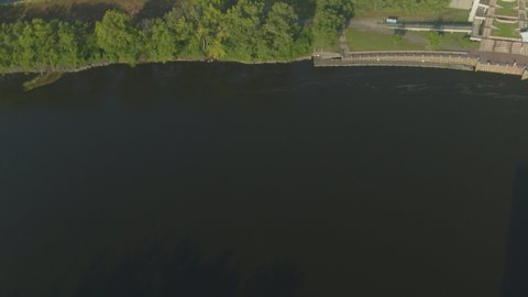 Aerial of traffic on bridge over river in Hartford
