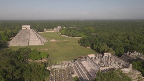 Aerial View of Chichen Itza Temples Complex Ancient Mayan City Hidden in Mexican Rainforest, Drone Shot