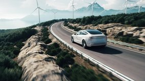Electric car drive on the wind turbines background. Car drives along a mountain road. Electric car driving along windmills farm. Alternative energy for cars. Car and wind turbines farm. 3d animation - Powered by Shutterstock - Get 15% off with code: PIKWIZARD15