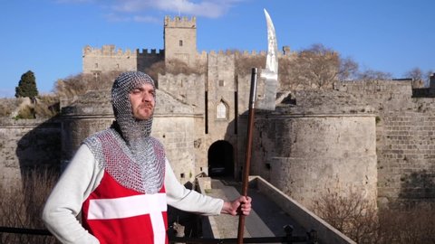 Rhodes Greece November 15, 2018  knight of St.John  in medieval era  guarding the walls of Rhodes and the palace of the Grand Master