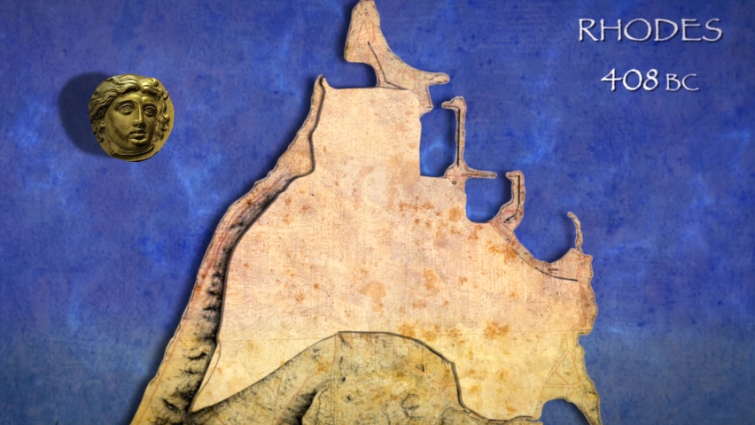 map of the ancient city of Rhodes during the Hellenistic period 805 BC with the Hippodameian system and its currency, 3D animation video
