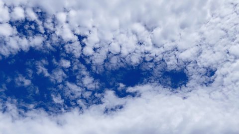 Time-lapse footage of clouds moving from left to right in the blue sky and eventually dissipate. Altocumulus cloud. Cloudscape. Japan.