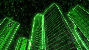 Green skyscrapers against a rotating starry sky. Abstract art video thirty seconds long. Loop