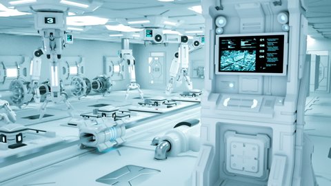 White mechanical robotic arms working in a sterile white environment, like a factory or a high-tech laboratory. 3D rendering.