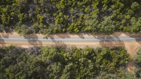 Aerial top down flight along empty rural road during sunny day surrounded by forest trees.Margaret River, Western Australia. Covid-19 pandemic in Australia. - Powered by Shutterstock - Get 15% off with code: PIKWIZARD15
