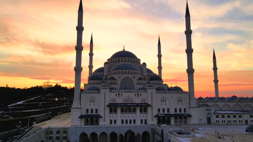 Camlica mosque and Istanbul sunset drone video
