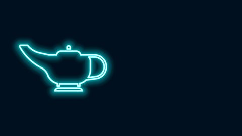 Glowing neon line Magic lamp or Aladdin lamp icon isolated on black background. Spiritual lamp for wish. 4K Video motion graphic animation.