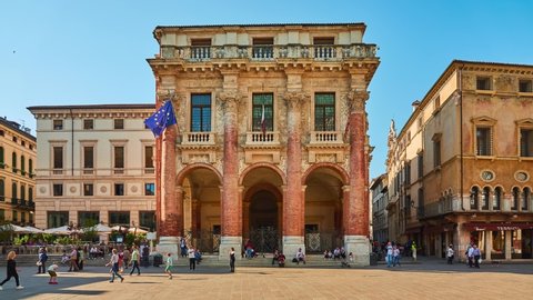 VICENZA, ITALY - APRIL 22 2018: Palazzo del Capitaniato, also known as loggia del Capitaniato or loggia Bernarda, is palace of Andrea Palladio that overlooks central Piazza dei Signori in Vicenza.