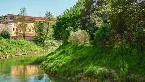 VICENZA, ITALY - APRIL 22 2018: Bacchiglione River in historic center of Vicenza, Italy.