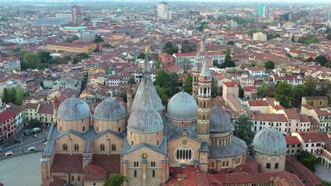 Padua, Veneto, Italy. Prato della Valle, the Abbey of Santa Giusta and the Basilica of Sant'Antonio.
Aerial shot with drone of the historic center of Padua