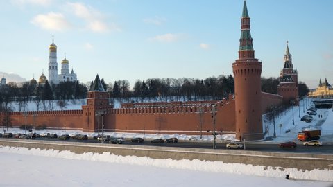 View of Moskow Kremlin and Kremlevskaya naberezhnaya on a sunny winter day, Russia