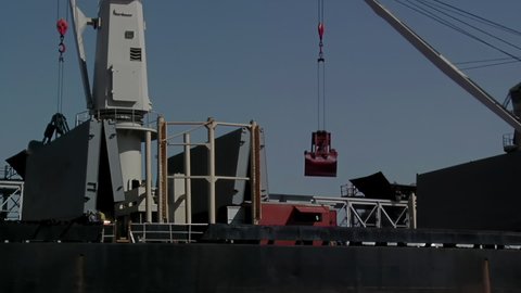 Rosario, Argentina - March 2020: Grain Bulk Carrier in the Grain Port of Rosario, Parana River, Argentina.
