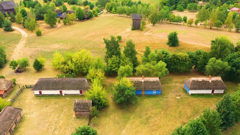 Maurzyce wooden architecture heritage park, antique building in open air museum. Aerial Lowicz, Polnad