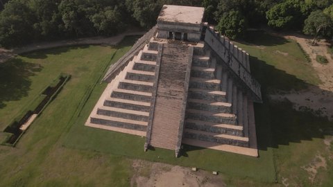 Aerial View of Mayan Temple in Chichen Itza Ancient City. Mexico. Famous Pyramid With Stairs in Green Landscape of Yucatan