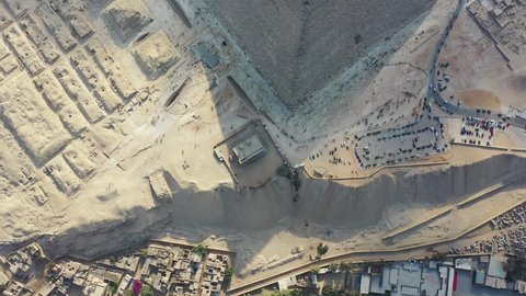 Cinematic Aerial downwards Drone shot of pyramids in Giza, Egypt