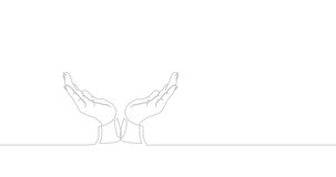 4k animation video of continuous line drawing of open hand gestures to hold something. Helping each other. Hand of God.