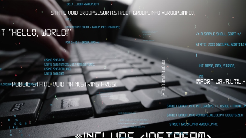 Creative visual of computer programming coding and software development shown by man working on computer keyboard with overlay of computer graphic displaying abstract program codes and computer script Royalty-Free Stock Footage #1070208094