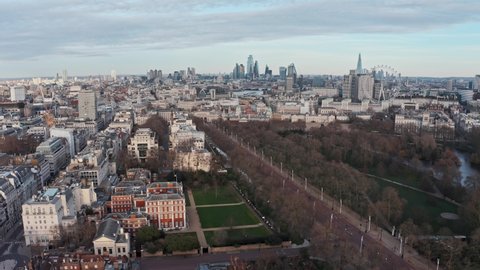 Slider drone shot Buckingham palace of London skyline