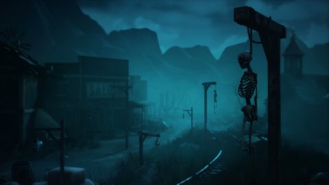 A scary abandoned city with ancient skeletons hanging from the gallows. Animation for fantasy, creepy and fiction backgrounds. View of an zombies village.