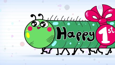 Caterpillar happy birthday party cartoon animation for kids. First birthday version. Good for intro, party, etc. Seamless loop. Funny character background.