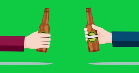 People celebrating. Video animation with beer bottles on a chroma key green screen