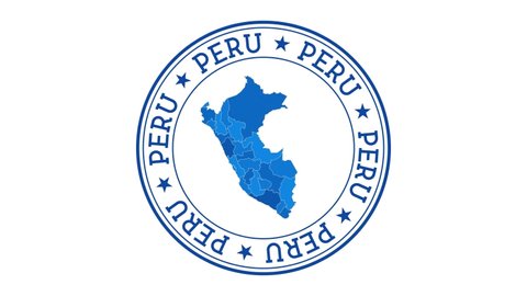 Peru intro. Badge with the circular name and map of country. Peru round animation.