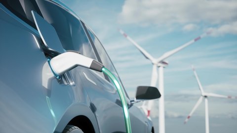 Car charging on the background of a windmills. Charging electric car. Electric car charging on wind turbines background. Vehicles using renewable energy. 3d visualization