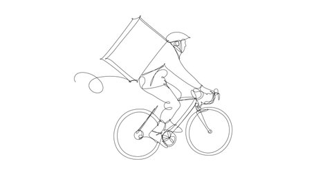 Video 4K e HD the cyclist delivers the food with the backpack behind his back. Courier on bicycle delivering food. Home delivery concept, new professions in pandemic. Illustration made in solid line, 