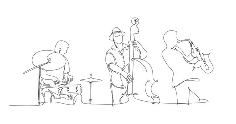 4K and HD video a jazz musical trio consisting of a drummer, a double bass player and a saxophonist. Solid line illustration, black line on white background.