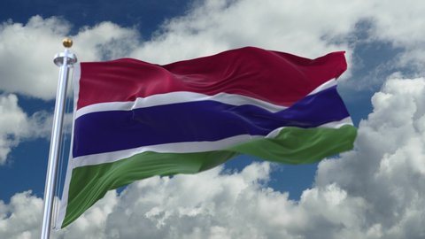4k looping flag of Gambia with flagpole waving in wind,timelapse rolling clouds background.A fully digital rendering. 