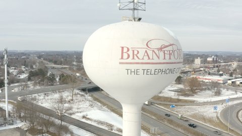 Brantford, ON, Canada - January 10, 2020. Aerial view of the Telephone City Brantford Water Tower 