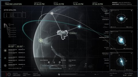 User interface. Active satellites. Request analyze Venezuela. Location Caracas. FBI is using an advanced tracking software. Activating satellites to find location of the drug dealer's home base.