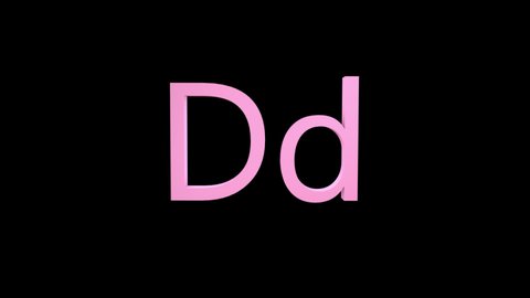 3d letter pink color on a black background with alpha channel. 3d animation with effect it appearance and rotation of the letter D. 3d rendering of an isolated letter D, alphabet. Full Hd quality.