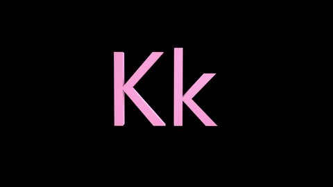 3d letter pink color on a black background with alpha channel. 3d animation with effect it appearance and rotation of the letter K. 3d rendering of an isolated letter K, alphabet. Full Hd quality.