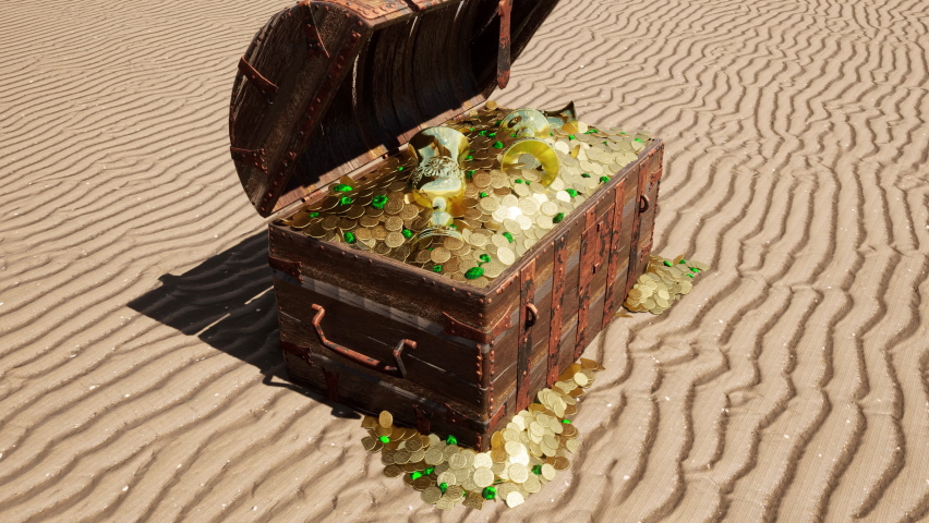A treasure chest on the beach full of gold coins, gold chalices, goblets, emeralds, and gemstones.