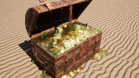 A treasure chest on the beach full of gold coins, gold chalices, goblets, emeralds, and gemstones.