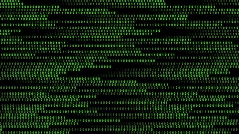 Strips of a green colour composed of bits from the binary code 0 and 1 that changes over time form a dynamic data flow that enters from the left side of the screen and exit from the right side.