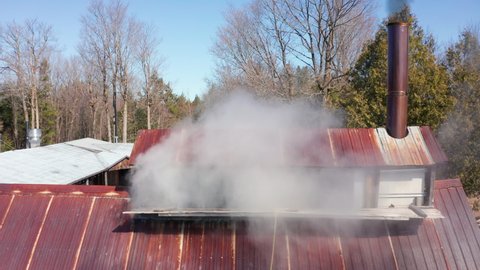 Sugar Shack in Quebec Boiling Sap From Maple Trees to Produce Maple Syrup in Wooden Cabin. Billowing Smoke Coming From Chimney 4k Aerial Drone Shot