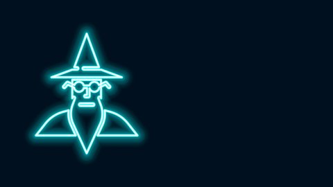 Glowing neon line Wizard warlock icon isolated on black background. 4K Video motion graphic animation.